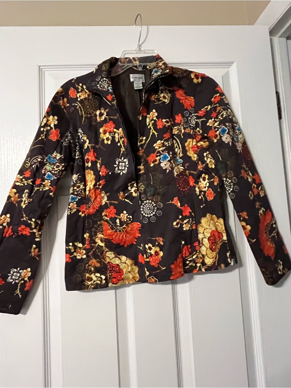 Floral Print Black Jacket with Red & Gold Accents fall colors Chicos